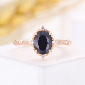 Vintage Black Onyx engagement ring oval cut ring unique wedding ring art deco Diamond ring rose gold anniversary ring