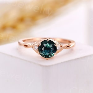 Vintage teal sapphire engagement ring round ring antique rose gold rings art deco diamond ring unique anniversary promise ring twist ring