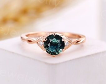 Vintage teal sapphire engagement ring round ring antique rose gold rings art deco diamond ring unique anniversary promise ring twist ring