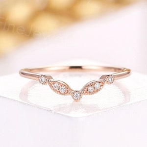 Vintage curved diamond wedding band art deco moissanite chevron rings delicate v shape matching band half eternity anniversary stacking band