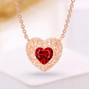 Lovely Heart Ruby Necklace - Rose Gold Textured Love Charm Pendant - Romantic Red Gemstone Valentine Jewelry Gift by CPFineJewelry