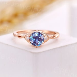 Vintage alexandrite engagement ring art deco round ring diamond moissanite rose gold ring promise ring unique anniversary bridal ring