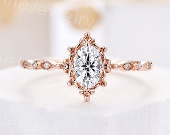Vintage moissanite engagement ring oval cut ring rose gold ring antique diamond milgrain wedding ring unique anniversary promise ring