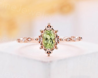 Vintage Peridot engagement ring oval cut ring unique rose gold diamond moissanite ring art deco milgrain ring promise Anniversary ring