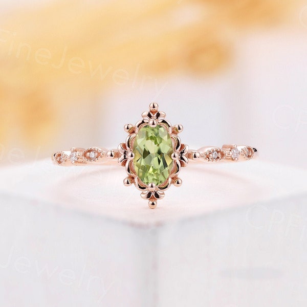 Vintage Peridot engagement ring oval cut ring unique rose gold diamond moissanite ring art deco milgrain ring promise Anniversary ring
