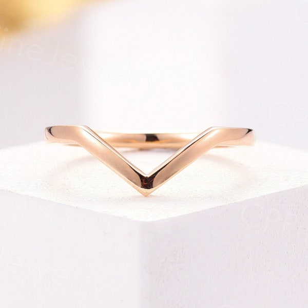 Vintage curved wedding band unique v shaped stacking band simple chevron rose gold ring matching bridal ring anniversary promise ring