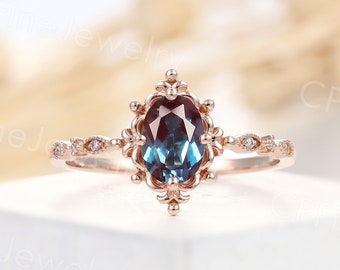 Vintage alexandrite engagement ring oval cut rose gold ring art deco natural diamond wedding ring unique anniversary bridal promise ring