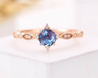 Vintage Alexandrite engagement ring round art deco rose gold milgrain diamond ring prong set anniversary ring promise ring bridal ring