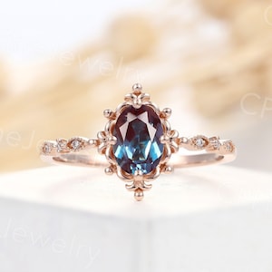 Vintage alexandrite engagement ring oval cut rose gold ring art deco natural diamond wedding ring unique anniversary bridal promise ring