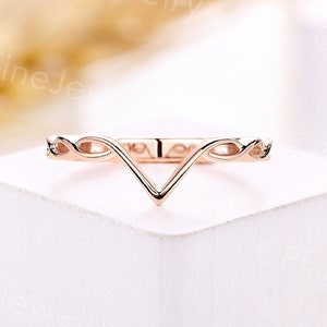 Vintage plain gold curved wedding band rose gold ring celtic wedding ring chevron stacking matching ring anniversary promise bridal ring