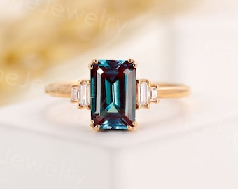 Vintage alexandrite engagement ring unique emerald cut yellow gold rings art deco multi stone diamond rings unique anniversary promise ring