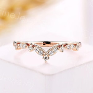 Vintage round diamond curved wedding ring unique rose gold milgrain ring curved stacking ring antique anniversary promise matching band