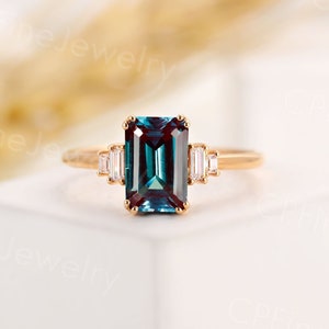 Vintage alexandrite engagement ring unique emerald cut yellow gold rings art deco multi stone diamond rings unique anniversary promise ring