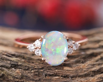 Oval cut opal engagement ring 14k rose gold, diamond wedding ring ,vintage ring,Anniversary bridal ring