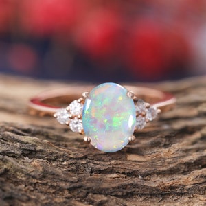 Oval opal engagement ring 14k rose gold, diamond wedding ring ,vintage ring,Anniversary bridal ring