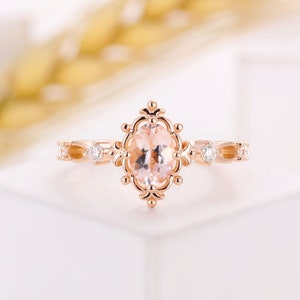 Pink morganite engagement ring oval art deco rose gold moissanite ring vintage half eternity diamond ring unique bridal anniversary ring