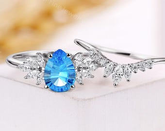 Millennium Cut Swiss Blue Topaz Engagement Ring Set - Cluster White Gold Angel Wing Gemstone Ring - Curevd Wedding Band by CPFineJewelry