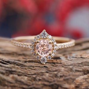 Vintage Morganite engagement ring yellow gold ring, diamond halo ring women, art deco ring,  unique anniversary ring , bridal ring