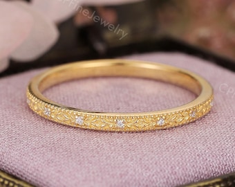 Diamond Wedding Band, Engraved Yellow Gold Ring, Milgrain Stacking Ring by CPFineJewelry