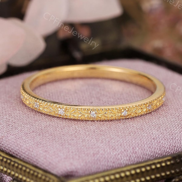 Diamond Wedding Band, Engraved Yellow Gold Ring, Milgrain Stacking Ring by CPFineJewelry