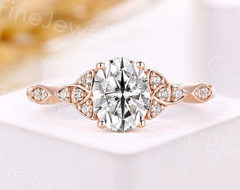 Oval shape moissanite engagement ring celtic style ring rose gold ring vintage round cut natural diamond ring anniversary promise ring