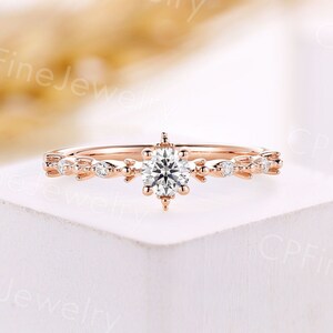 Antique round moissanite engagement ring vintage rose gold ring dainty diamond wedding ring unique prong set anniversary promise ring