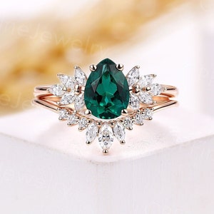 Vintage lab emerald engagement ring set marquise cut diamond ring antique art deco moissanite rings unique rose gold anniversary bridal set