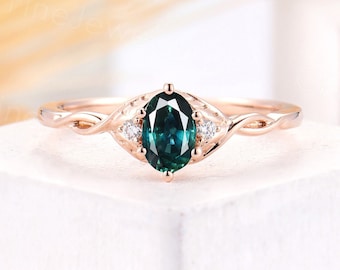Vintage teal sapphire engagement ring rose gold ring oval cut diamond art deco ring unique prong set promise Anniversary ring