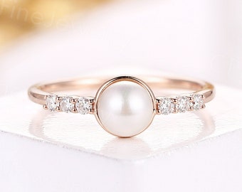 Vintage Akoya pearl ring natural white pearl rose gold ring art deco half eternity diamond ring delicate moissanite anniversary promise ring