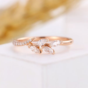 Unique branch leaf wedding band Rose gold leaf ring Nature inspired ring Marquise diamond ring Minimalist leaf ring Promise bridal ring