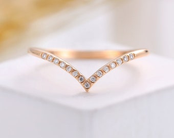 Diamond curved wedding band rose gold, delicate minimalist ring women, matching unique band prong set, promise ring,anniversary bridal ring