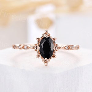 Black Onyx engagement ring rose gold vintage diamond milgrain ring art deco moissanite half eternity bridal ring anniversary ring