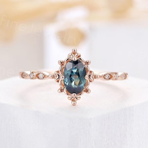 Vintage teal sapphire engagement ring oval ring rose gold milgrain ring art deco diamond half eternity ring anniversary promise ring