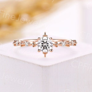 Round moissanite engagement ring dainty rose gold wedding ring delicate diamond ring vintage prong set anniversary promise bridal ring