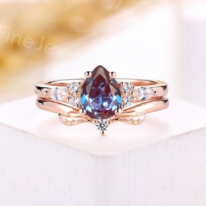 Vintage pear shaped alexandrite engagement ring set rose gold ring marquise moissanite ring Leaf curved band anniversary bridal set