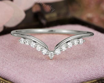 Diamond Curved Wedding Band, White Gold Ring, Minimalist Chevron Band by CPFineJewelry