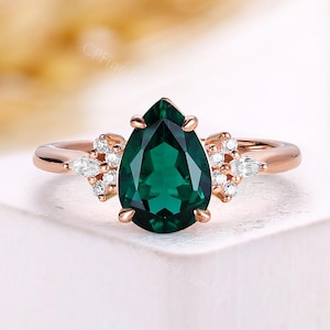 Pear Cut Emerald Engagement Ring - Vintage Rose Gold Moissanite Wedding Ring - Cluster Green Gemstone Promise Ring for Her by CPFineJewelry