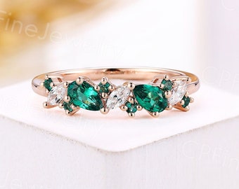 Vintage lab emerald wedding band women pear cut ring rose gold stacking matching band marquise cut moissanite cluster ring bridal band