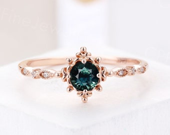 Vintage teal sapphire engagement ring rose gold ring,art deco diamond wedding ring blue sapphire ring prong set ring anniversary ring