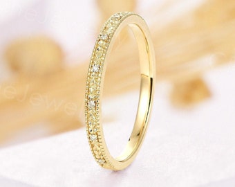 Vintage diamond wedding band yellow gold art deco milgrain wedding band unique delicate half eternity band simple anniversary bridal ring