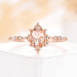 Vintage pink morganite engagement ring oval rose gold ring art deco diamond wedding ring unique oval ring prong set ring bridal ring