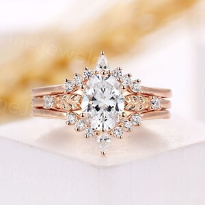 Vintage moissanite engagement ring set art deco diamond rings antique leaf rose gold oval bridal set unique anniversary promise rings