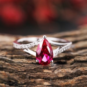 Vintage ruby engagement ring pear shaped ruby rings white gold split band art deco diamond anniversary ring unique bridal promise ruby ring image 1