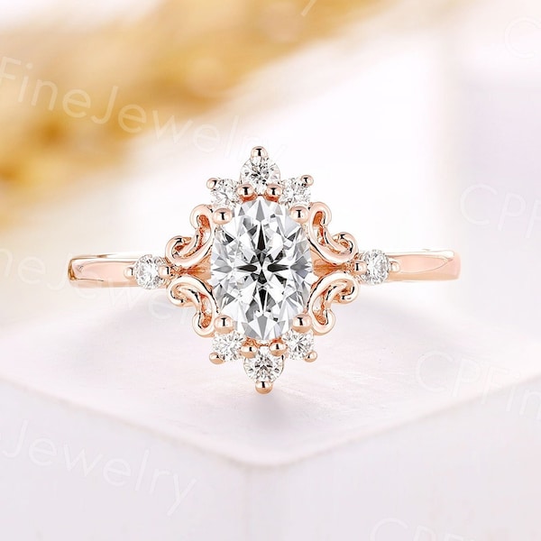 Vintage oval cut moissanite engagement ring unique rose gold ring art deco vine ring round cut ring wedding anniversary promise bridal ring