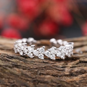 Diamond cluster wedding band white gold moissanite matching open band unique anniversary bridal stacking ring art deco birthday promise gift