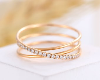 Diamond wedding multi band, cross ring rose gold,delicate moissanite band, unique gold band, bridal ring, anniversary ring, promise ring