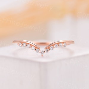 Curved wedding band rose gold Moissanite Diamond chevron wedding band Vintage delicate ring matching unique band anniversary promise ring