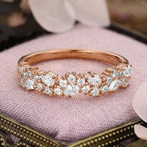 Moissanite Wedding Band, Diamond Stacking Ring, Cluster Rose Gold Ring by CPFineJewelry