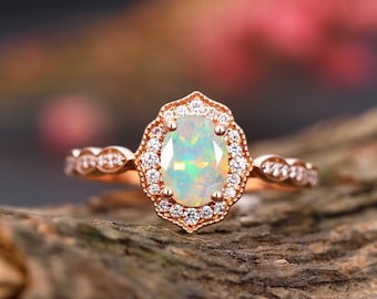 Vintage opal engagement ring women oval cut ,Art deco wedding ring rose gold,diamond halo set ring milgrain ring,anniversary ring