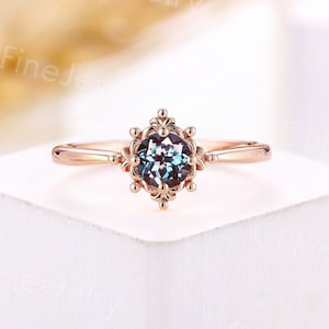 Vintage round shape alexandrite engagement ring rose gold milgrain ring unique solitaire ring anniversary promise bridal wedding ring